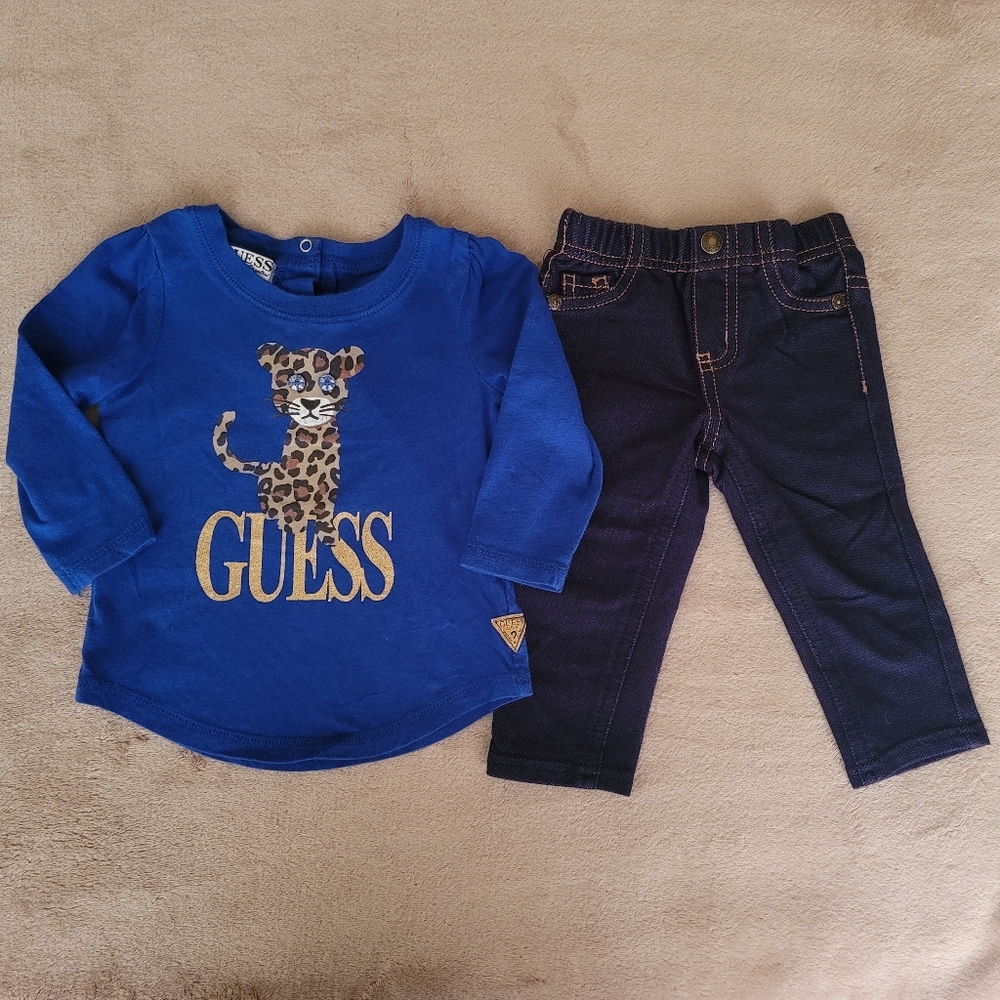 Guess Baby Girl Royal Blue Leopard Long Sleeve & Jean Leggings 12 Months